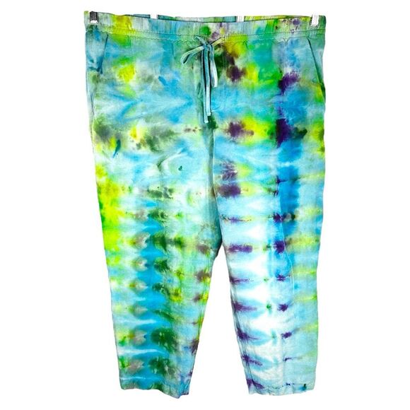 HM XL‎ Pants Dreaming Blue Tie Dye Handmade Blue Green Linen Cropped Pockets 689 - Picture 1 of 9